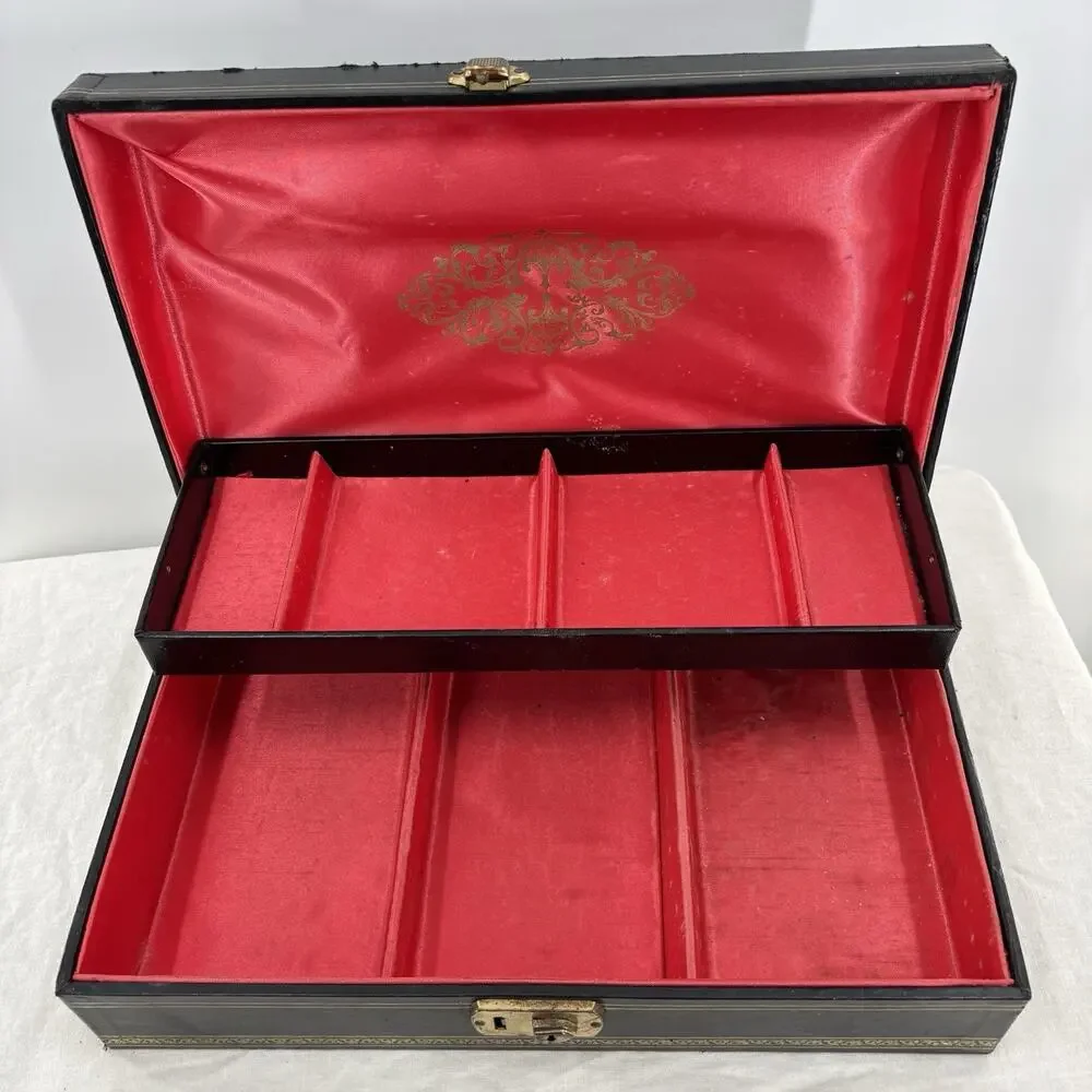 Vtg 2 Tier Jewelry Box Black Leathette Gold Stars Celestial 14x8.5